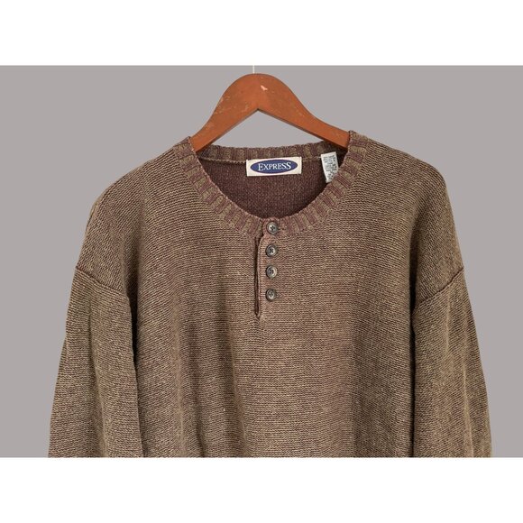 Vintage Express Mens Brown Button Henley Sweater Size XL Cotton Ramie Blend - Picture 2 of 9